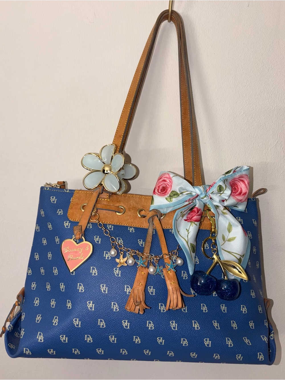 Dooney & Bourke Blue Signature Tote with Tan Trim and Floral Scarf Charm